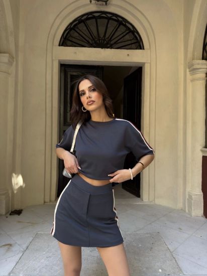 Osy Modal Yumuşak Dokulu Kumaş Parçalı Bisiklet Yaka T-shirt Mini Şortlu Etek İkili Takım - Füme resmi
